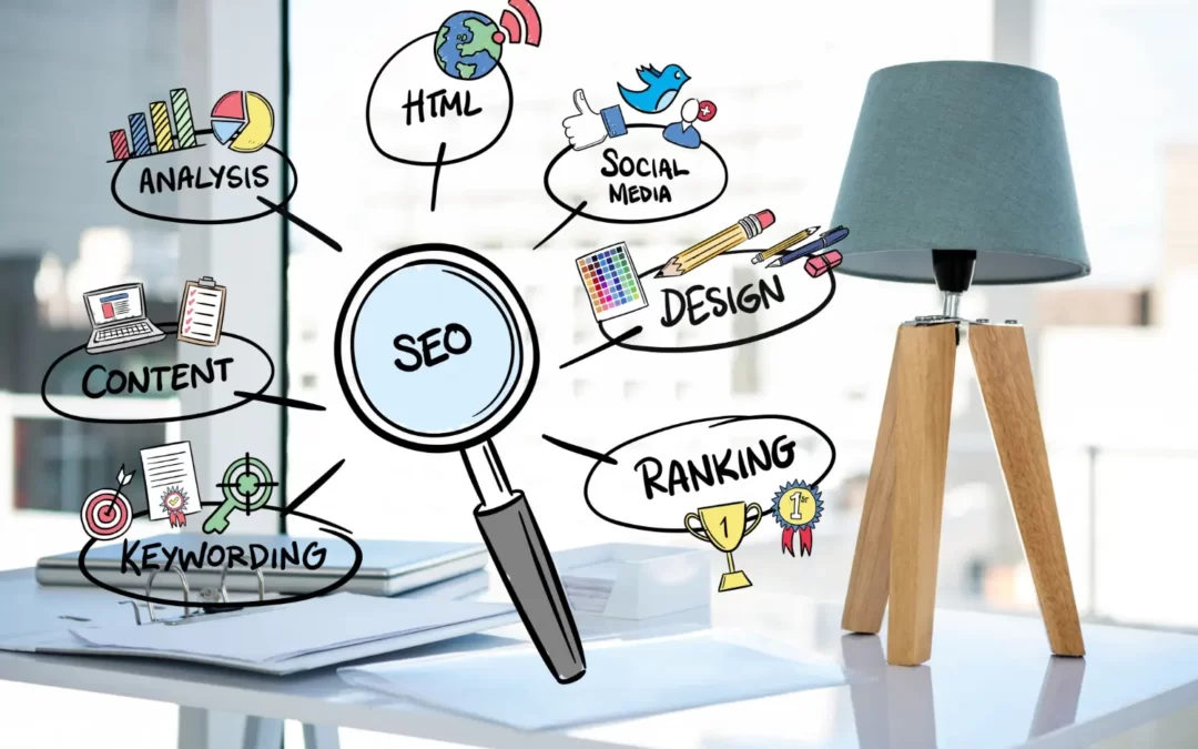 Ilustração de uma lupa com conceitos de SEO, representando os serviços que toda agência de marketing digital especializada em SEO deve oferecer