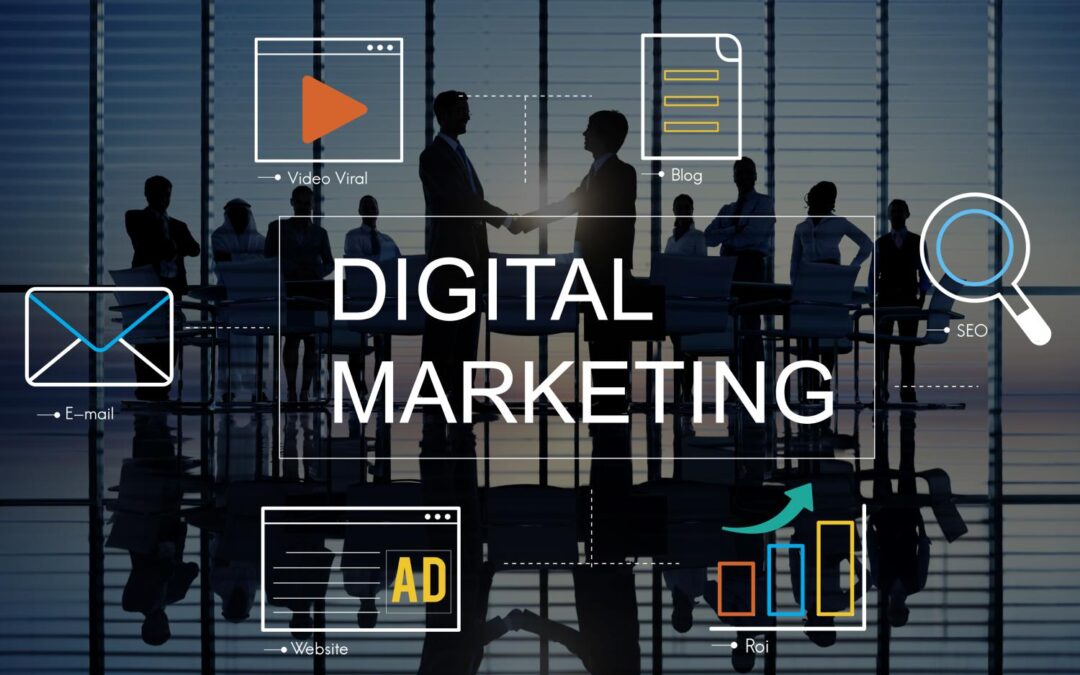 Diferentes elementos em torno do termo “Digital Marketing” representando as diversas ações que compõem uma estratégia de marketing, entre elas, o SEO MKT.