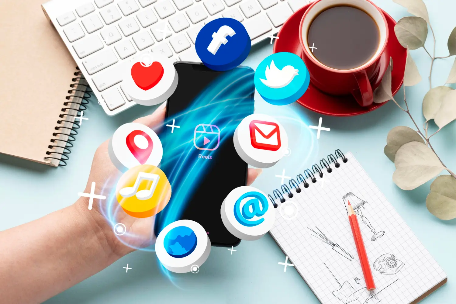 Celular com ícones representando o marketing digital para redes sociais